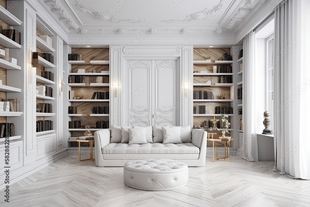 White room with white sofa and bookshelves. Generative AI