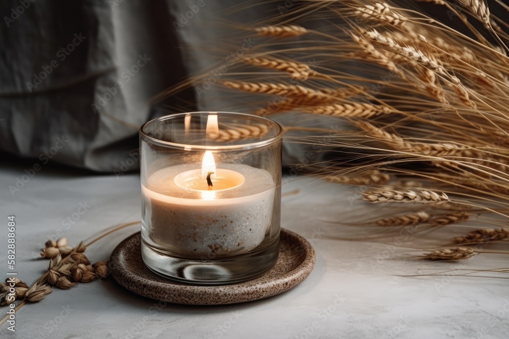 Mockup of a scented candle in a glass jar with a dry grass plant on a marble plate against a white h