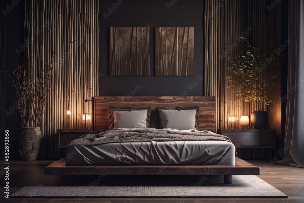 Dark modern bedroom with a bedside lamp next to giant spikelets in a clay vase, a blank horizontal p