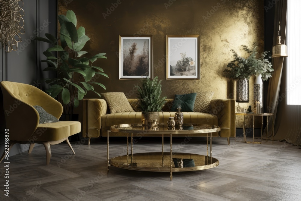 A unique living room in a modern setting with a design sofa, a coffee table plated in fine gold, fau