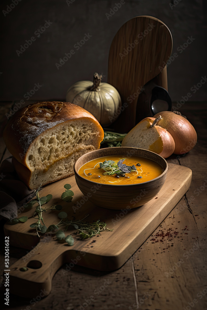 Butternut squash soup and baguette on wooden board. Illustration AI Generative