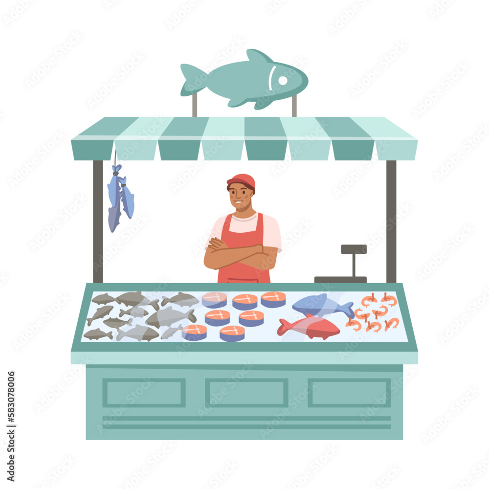 Fish kiosk, isolated street stall with assortment of marine seafood products. Man seller with variet