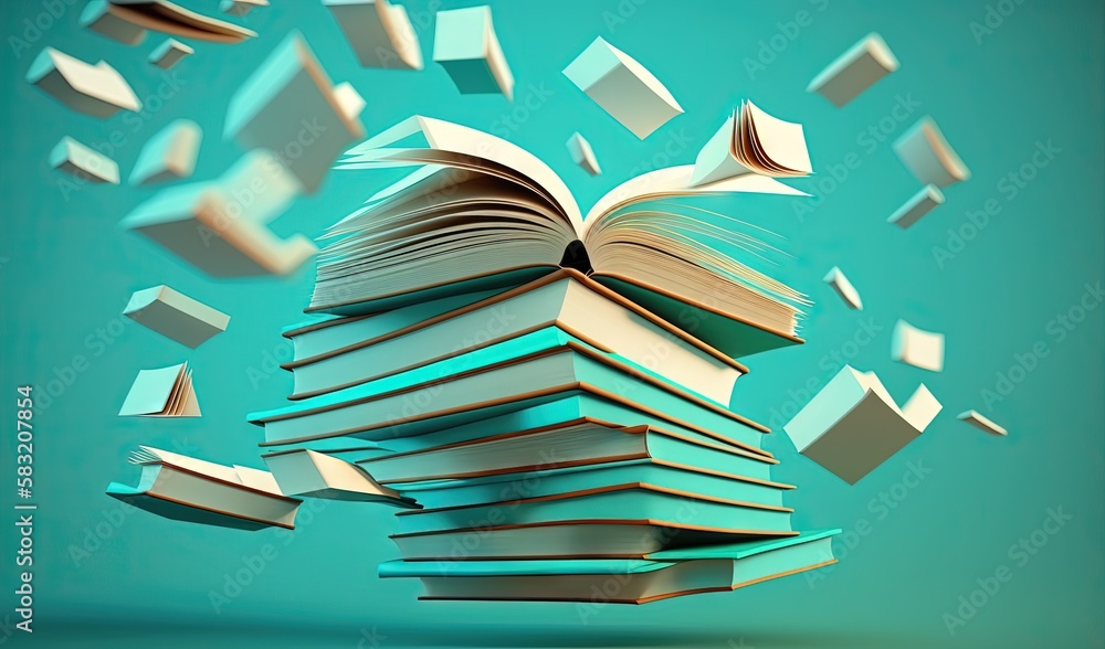 a pile of books flying through the air with books flying around them on a blue background with a gr