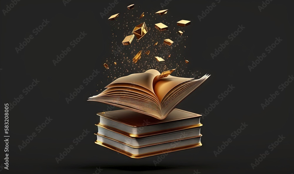  a stack of books with a book flying out of the top of it, with gold confetti coming out of the page