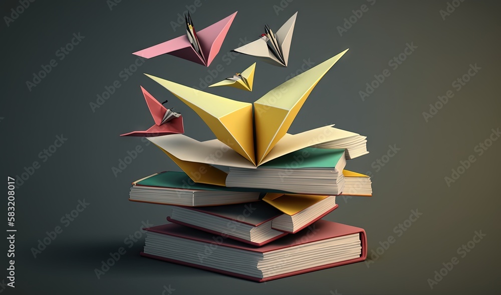  a stack of books with origami birds flying out of them on top of each other on a gray background wi