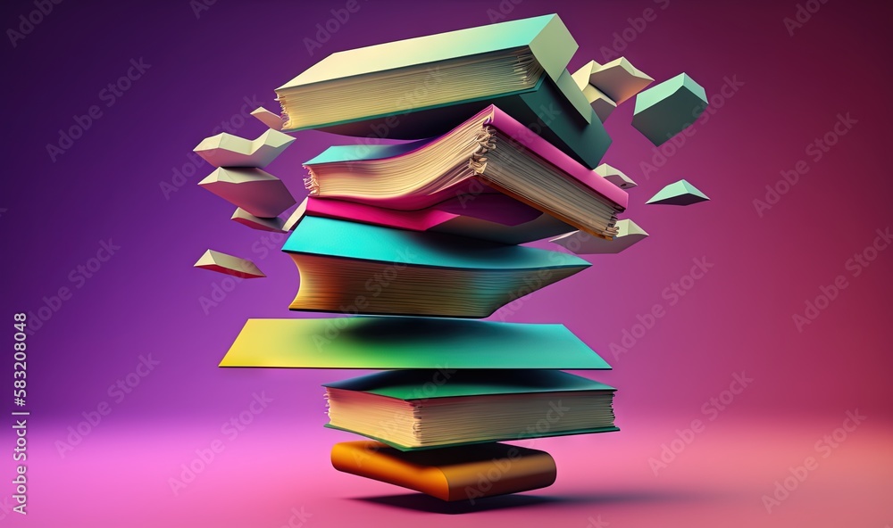  a stack of books flying up into the air on a purple background with a pink background and a purple 