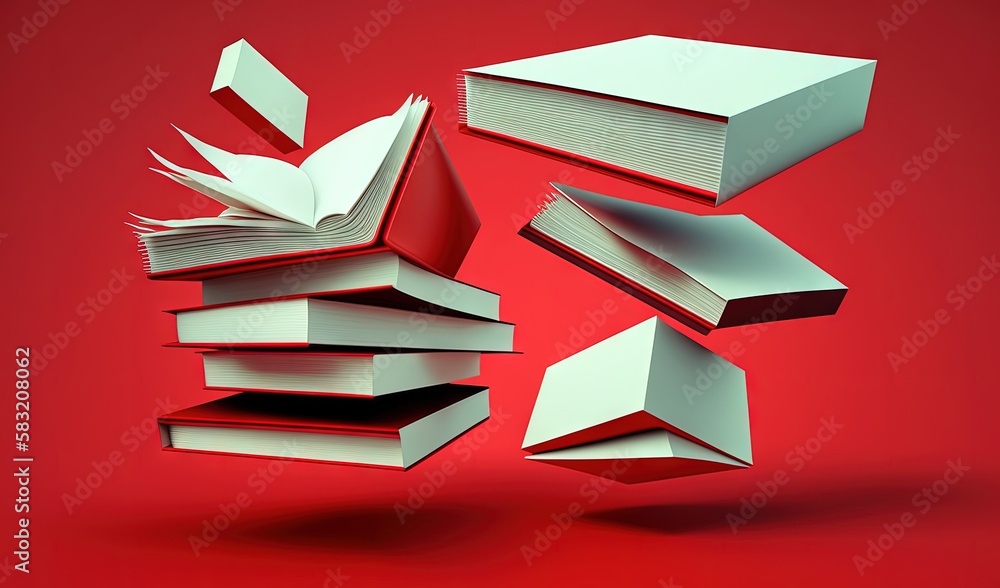  a pile of books flying up into the air on a red background with a red background and a red backgrou