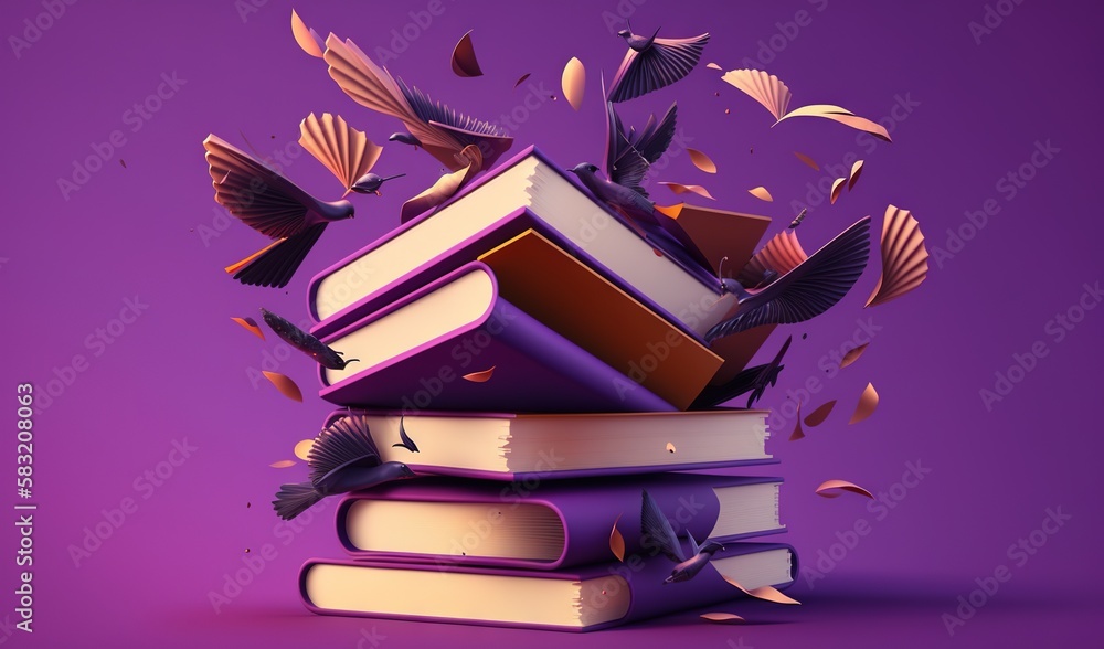  a stack of books with birds flying out of them on a purple background with a purple background and 