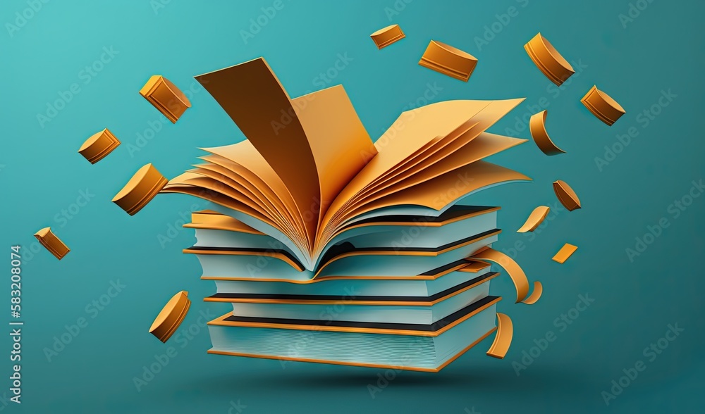  a stack of books with a bookmark flying out of the middle of it, with a blue background and gold bo