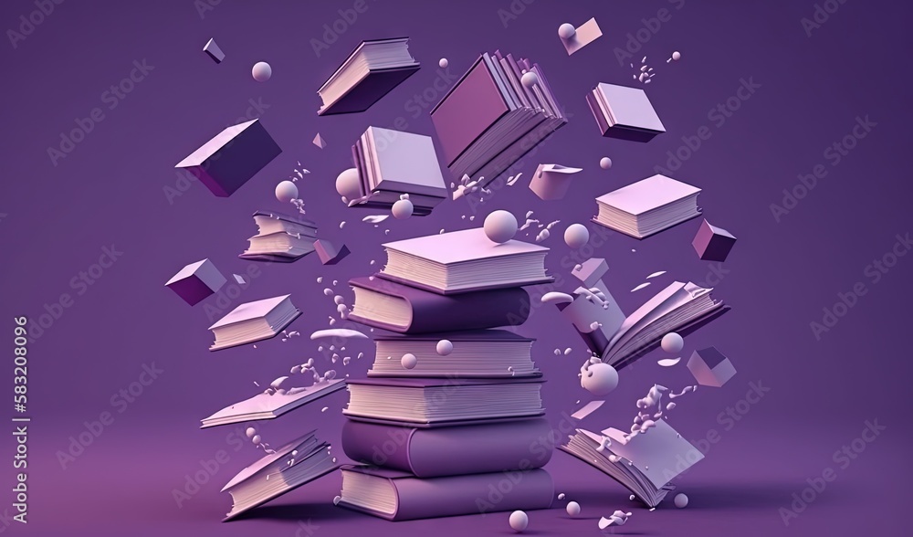  a pile of books flying through the air with books falling off them and a purple background with whi