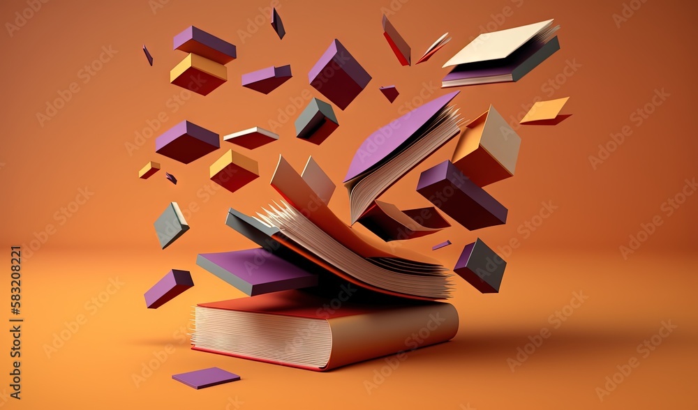  a pile of books flying out of a pile of books on top of each other on an orange background with fly