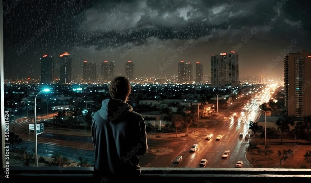  a man standing on a balcony looking out at a city at night with a rain storm in the sky and a city 