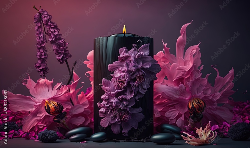  a candle surrounded by flowers and rocks on a dark background with a pink hued background and a pur