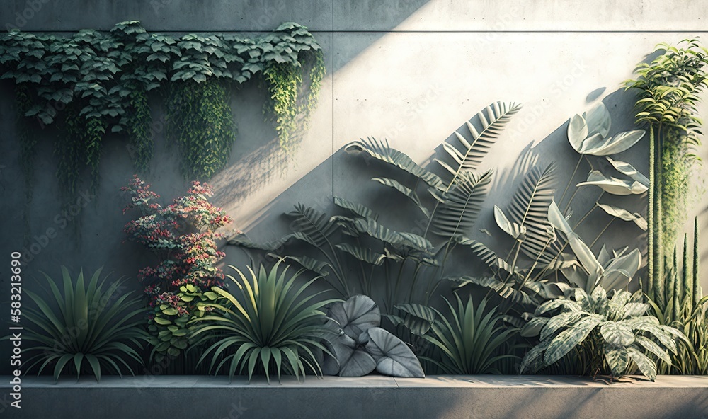  a painting of a wall with a bunch of plants on it and a bench in the middle of the wall with a benc