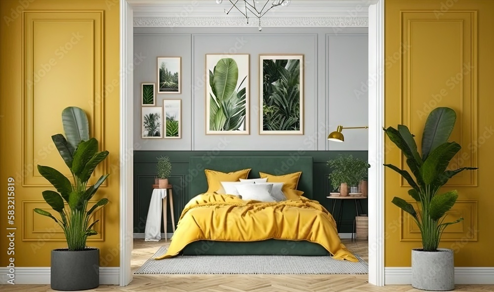  a bedroom with yellow walls and a bed with a yellow comforter and a green headboard and a chandelie