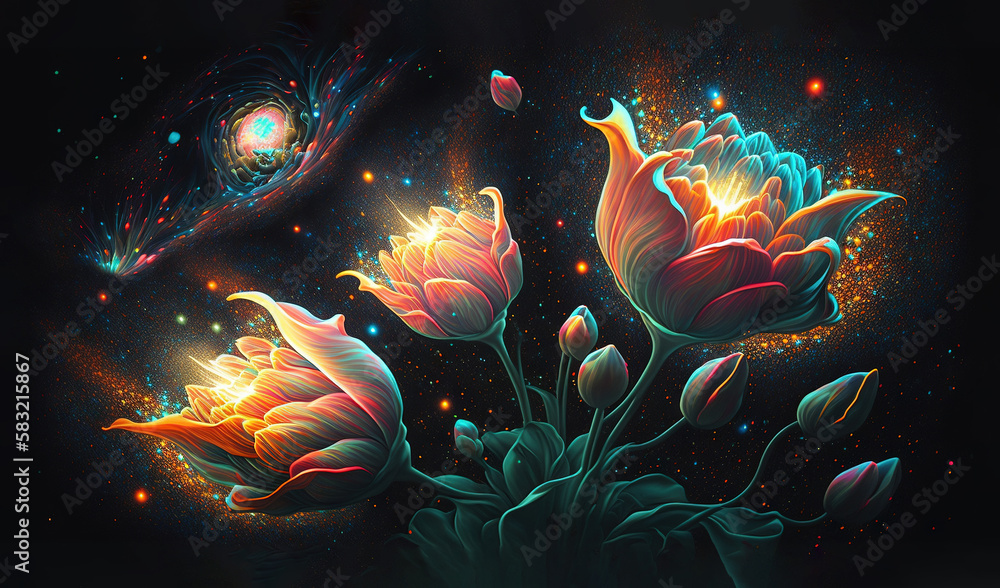  a painting of flowers in a space with a bright light coming from the center of the picture and a bl