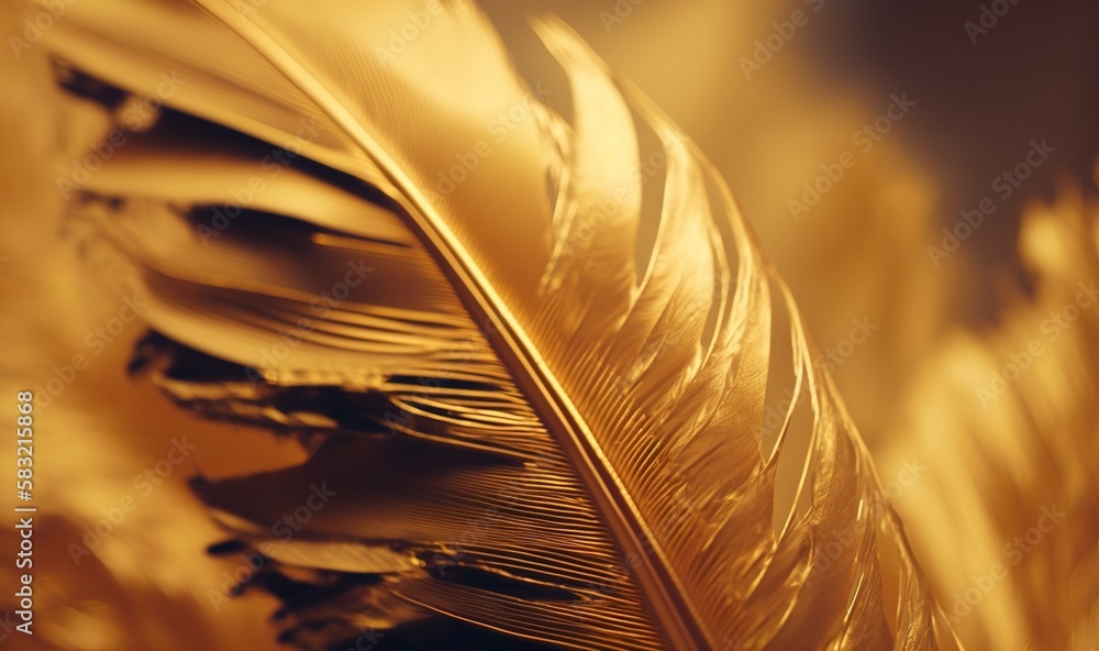  a close up of a golden feather on a black background with a blurry image of the feather and the bac
