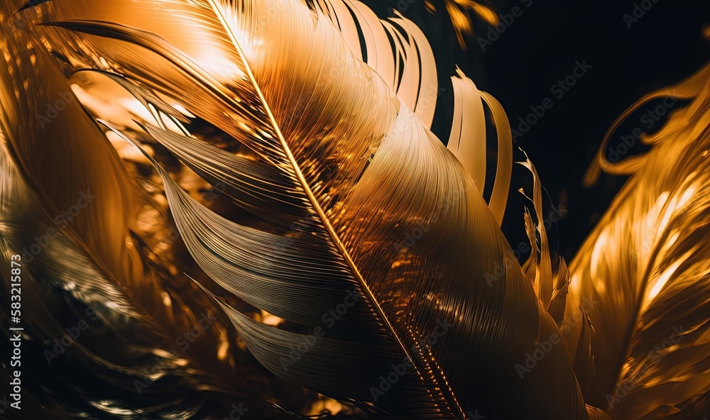  a close up of a golden feather on a black background with a blurry image of the feathers of a bird 