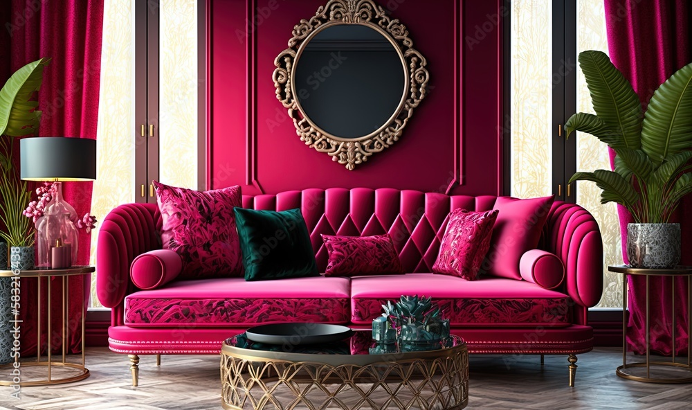  a living room with a pink couch and a mirror on the wall and a table with a plant in it and a potte
