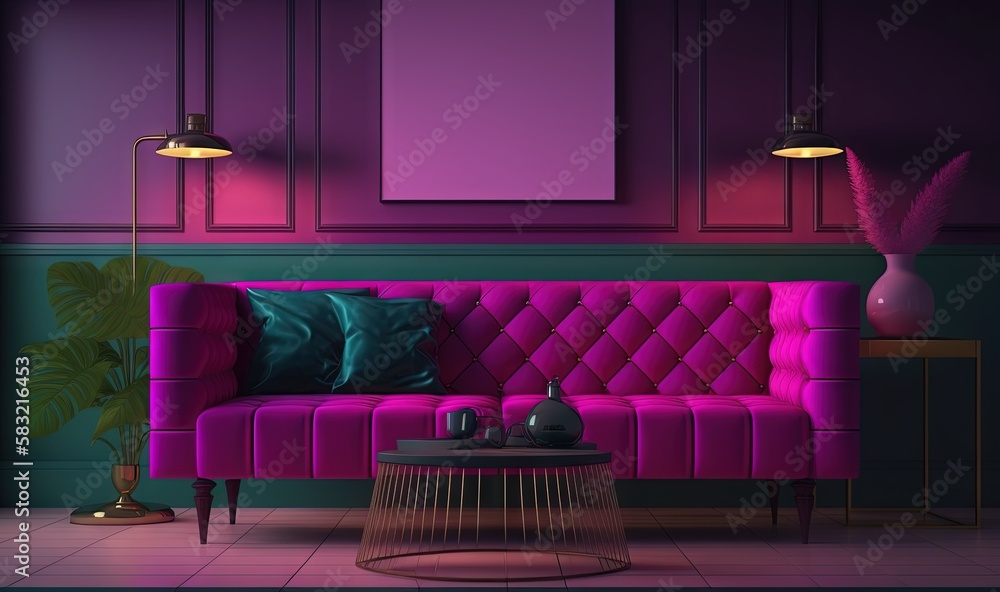  a living room with a pink couch and a table with two vases on top of it and a purple wall behind th