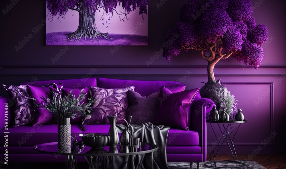  a living room with a purple couch and a tree in the corner of the room with purple walls and a purp