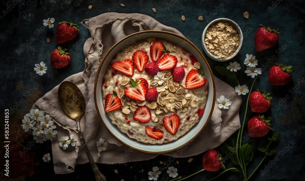  a bowl of oatmeal with strawberries and nuts on a cloth with a spoon and a bowl of oatmeal.  genera