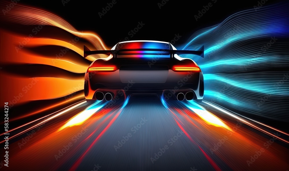  a car driving through a tunnel with bright lights on its sides and a black background with a red a