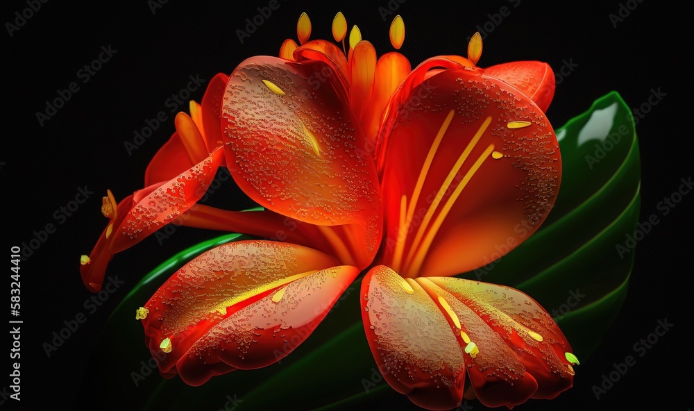  a red flower with yellow stamens and green leaves on a black background with water droplets on the 