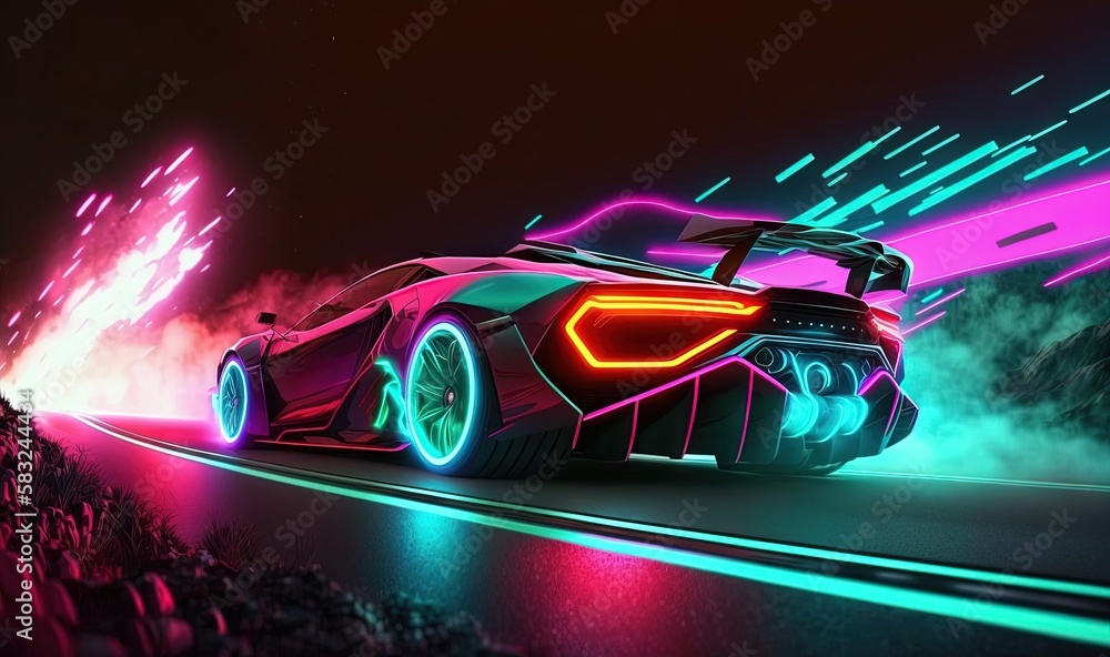  a futuristic car driving down a road with neon lights on the side of its headlight and tail lights