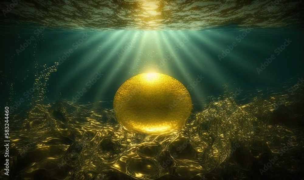  a golden ball floating in the water with sunlight coming through the waters surface and shining on