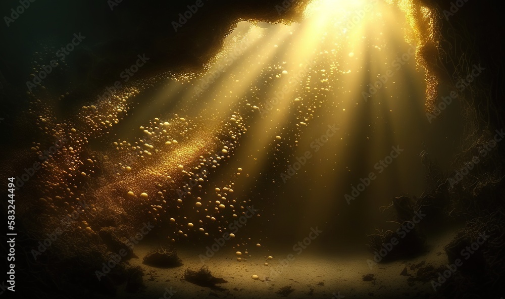  sunlight shining through a cave into a body of water with rocks and rocks below it and water bubble