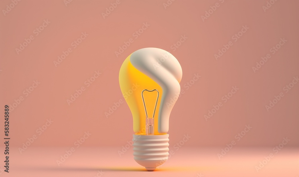  a yellow light bulb on a pink background with a shadow on the floor and a pink wall in the backgrou