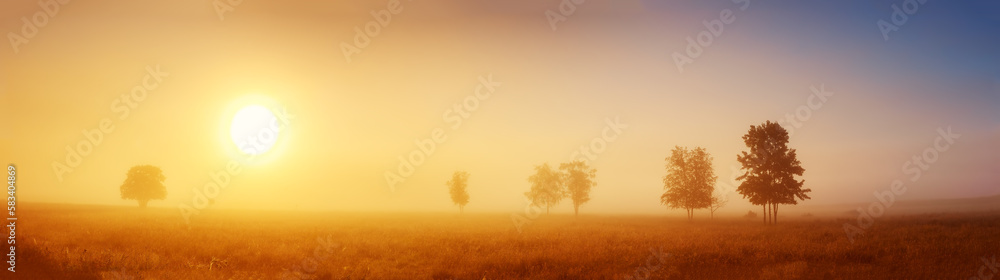 Sunrise on field in the foggy morning.
