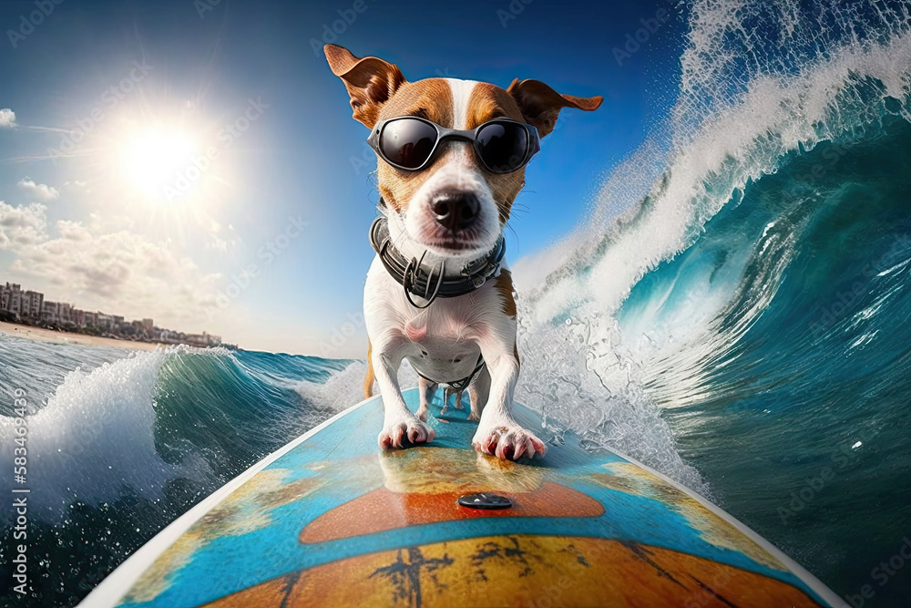 dog jack russell surfing on surfboard the wave. Illustration AI Generative