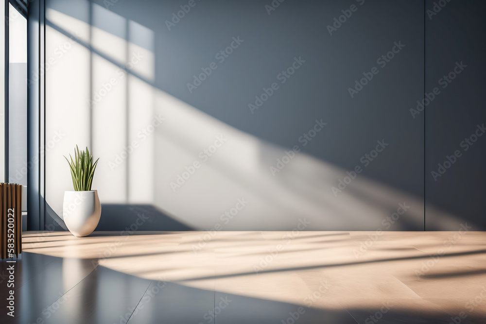 Light gray wall and and a wooden floor with a potted plant with interesting light glare. Empty backg