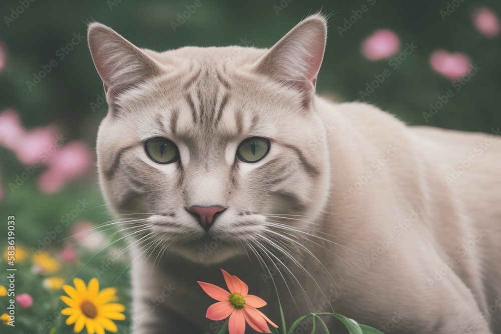 AI Springtime Serenity: Captivating Portraits of Beautiful Cats Surrounded by Lush Blooms, Blossomin