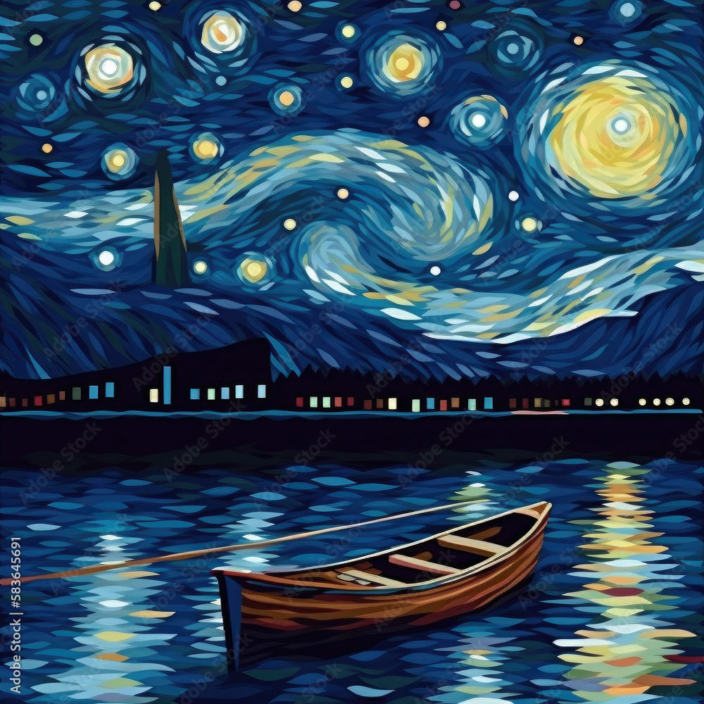 Painting Boat at Night Sea. Illustration AI Generative.