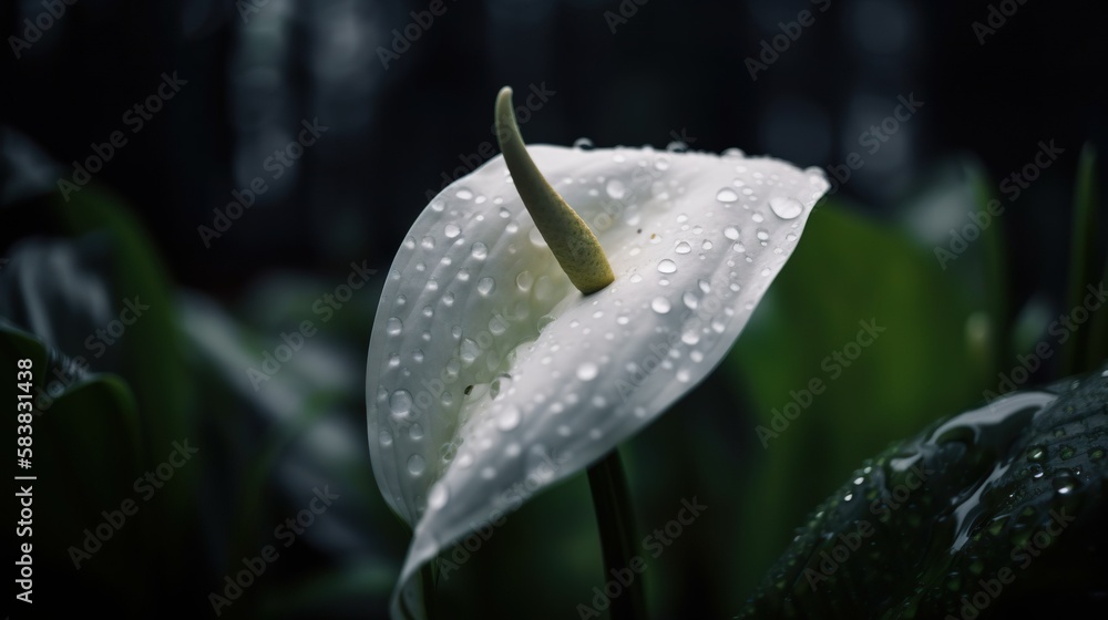 Closeup of Peace Lily tropical plant leaves with rain drops. Green natural backdrop. Generative AI