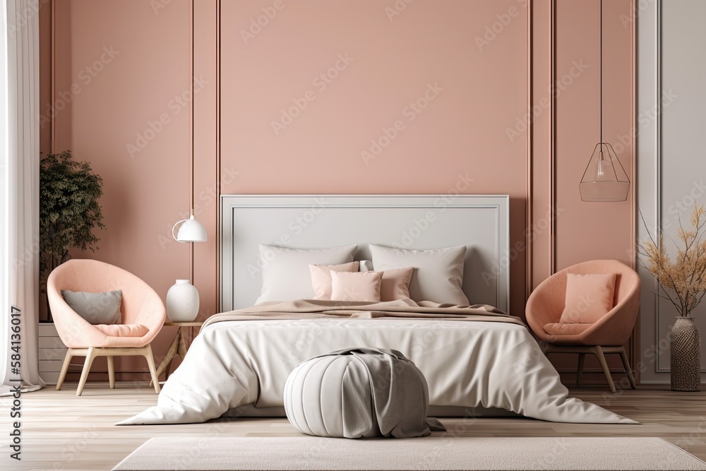 Warm bedroom wall mockup with armchair and accessories. Generative AI