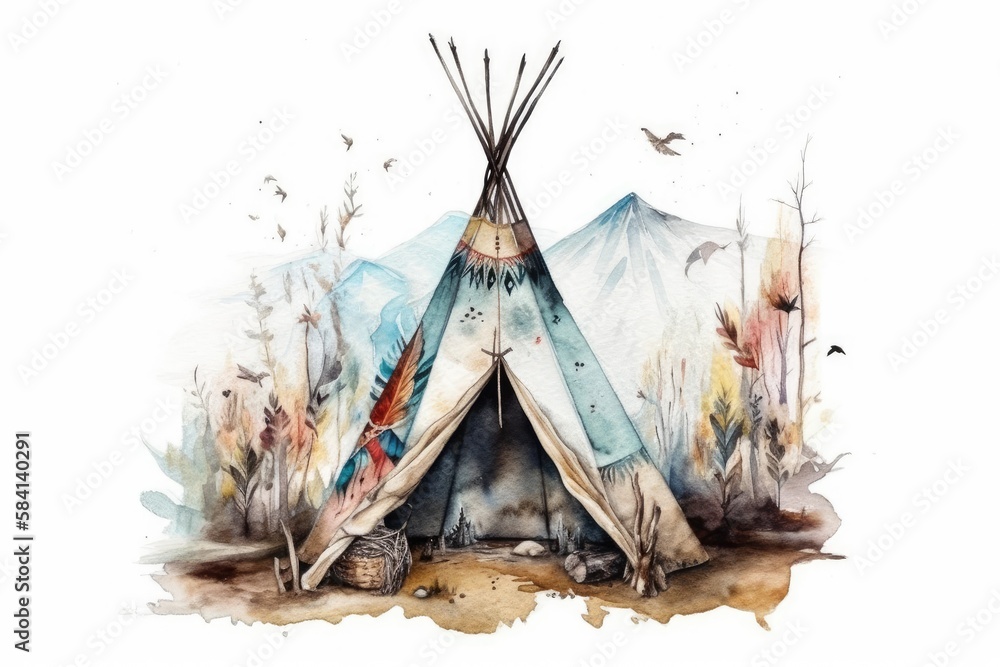Hand drawn watercolor indigenous teepee, solitary white campground tent. Native American boho jewelr