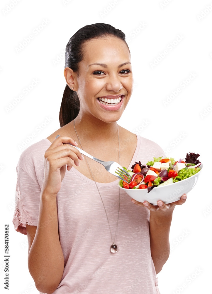 Diet, eating and portrait of woman with salad for health, wellness and lose weight or nutrition life
