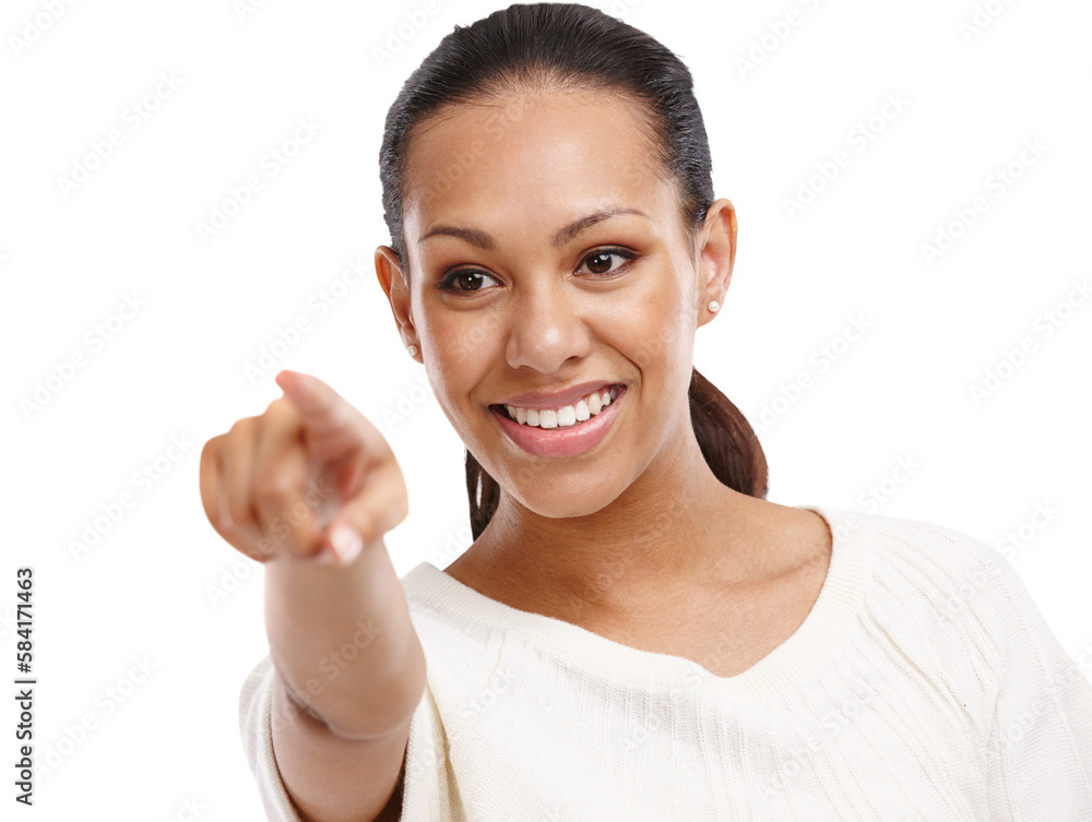 Face, pointing and showing with a woman on an isolated and transparent png background for marketing.