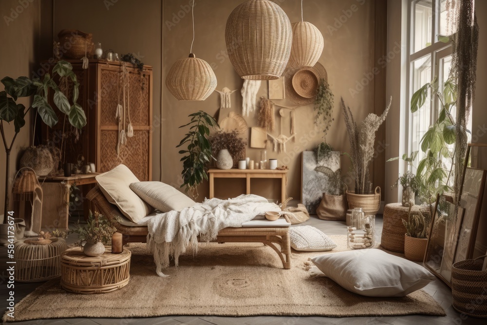 Boho living area with beige chaise longue, macrame, rattan baskets, books, teapot on tray, lanterns,