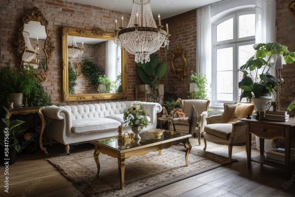 French modern living room. Elegant home with antique gold mirror, coffee table, green house plants i
