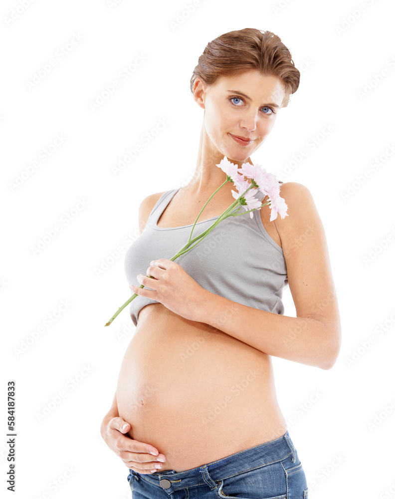 Flowers, pregnant woman and portrait for pregnancy skincare and beauty cosmetics. Healthcare, natura