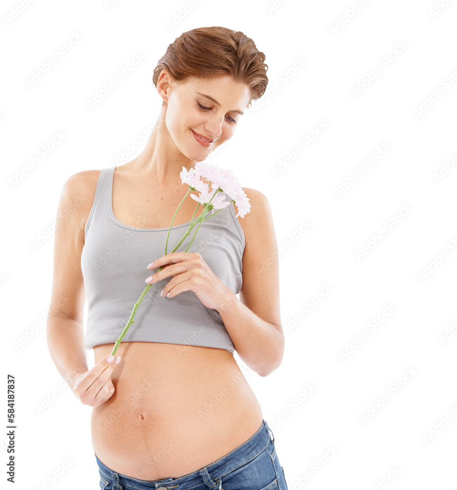 Flowers, pregnant woman and pregnancy skincare and beauty cosmetics. Healthcare, natural wellness an
