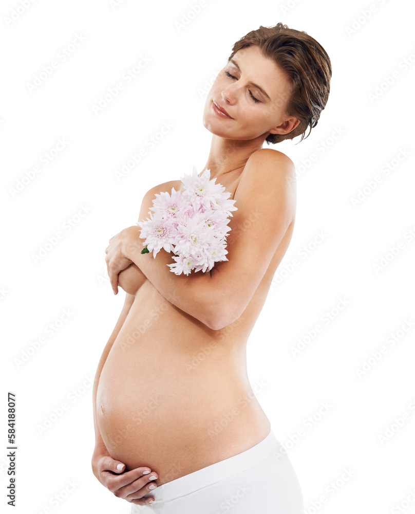 Pregnancy, calm and woman with flowers holding her stomach with love, care and happiness. Feminine, 