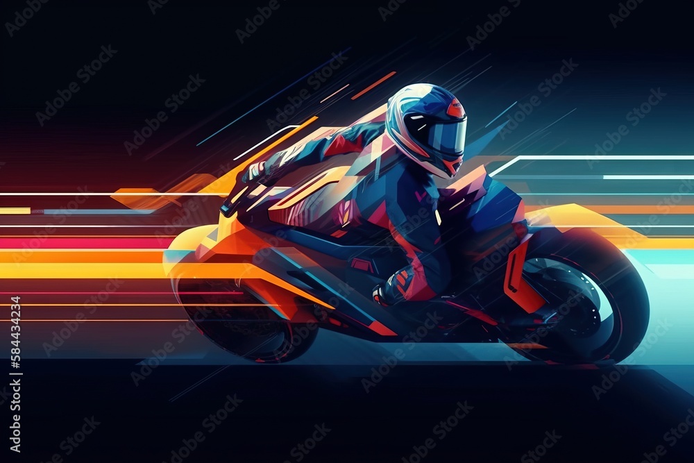  a person riding a motorcycle on a colorful background with lines in the background and a person in 