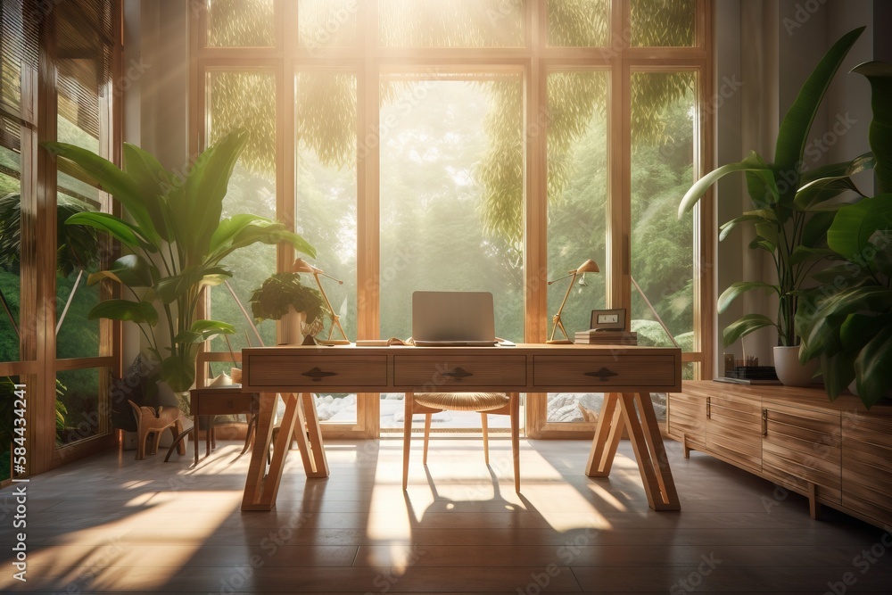  a laptop on a desk in front of a window with a view of a forest outside the window and a table with