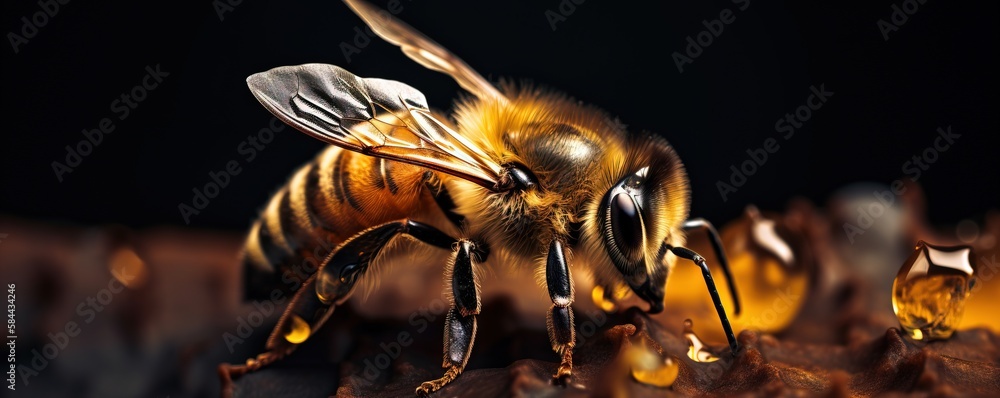  a close up of a bee on a piece of wood with water droplets on its wings and a black background wit